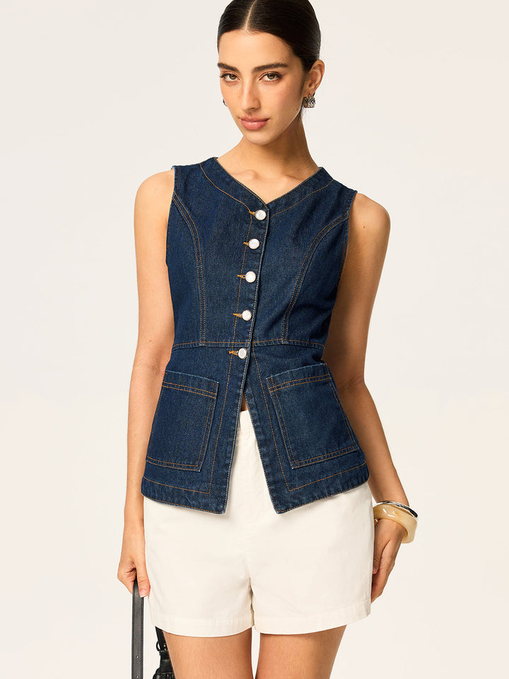 Gilet sans manches ajusté en jean boutonnné