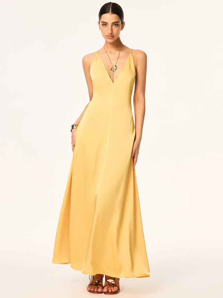 Robe Longue Satin Dos Nu à Bretelles Croisées