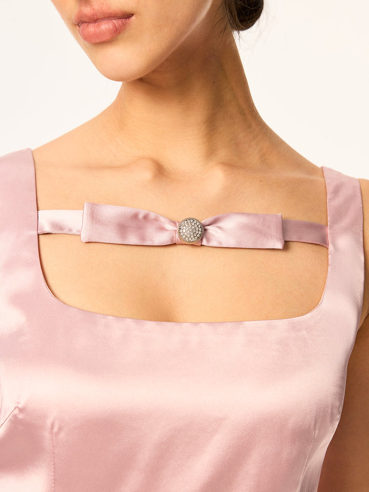Mini Robe en Satin avec Nœud et Détail Strass