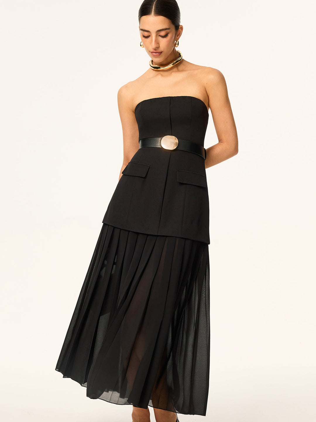 Robe mi-longue bustier ceinturée à ourlet en mousseline semi-transparente