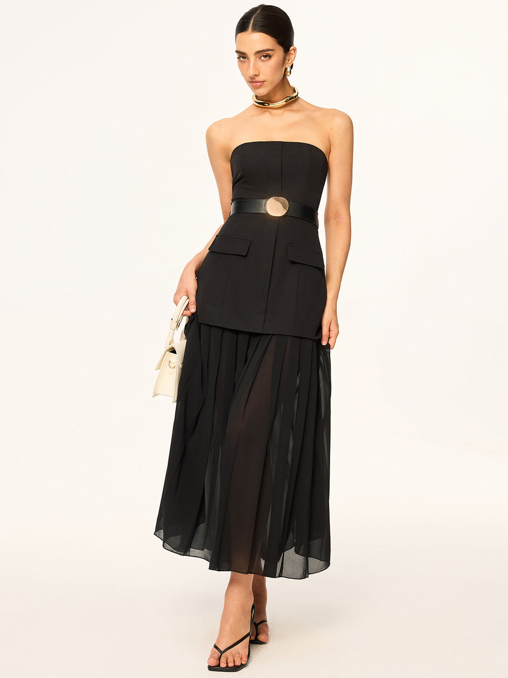 Robe mi-longue bustier ceinturée à ourlet en mousseline semi-transparente