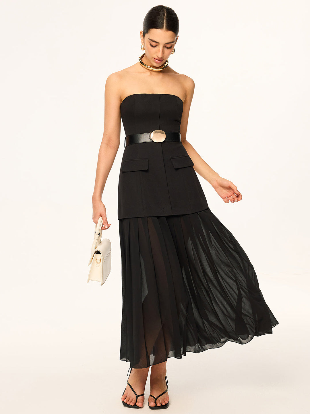 Robe mi-longue bustier ceinturée à ourlet en mousseline semi-transparente