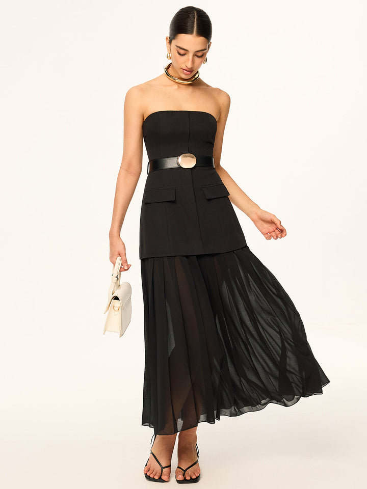 Robe mi-longue bustier ceinturée à ourlet en mousseline semi-transparente