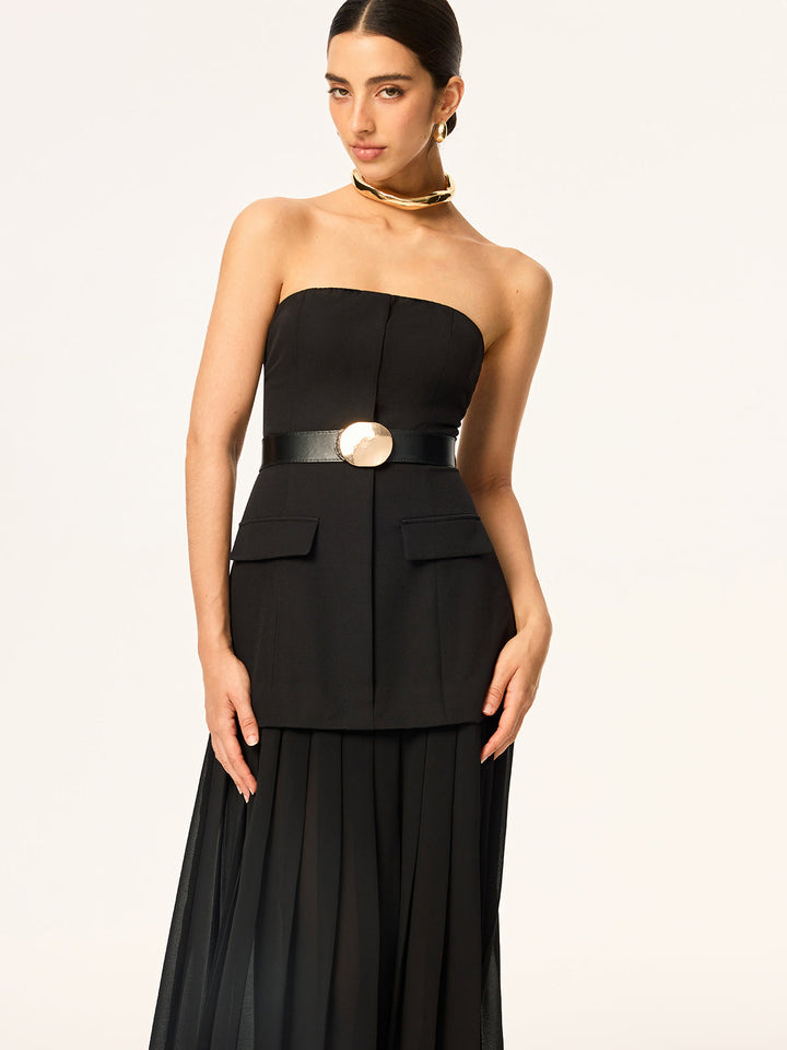Robe mi-longue bustier ceinturée à ourlet en mousseline semi-transparente