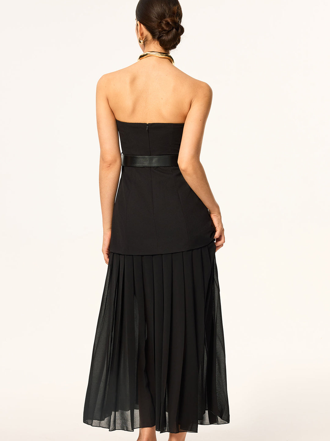 Robe mi-longue bustier ceinturée à ourlet en mousseline semi-transparente
