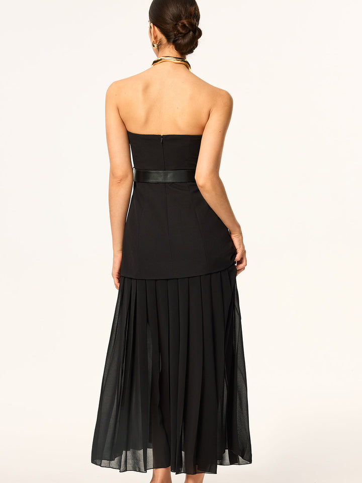 Robe mi-longue bustier ceinturée à ourlet en mousseline semi-transparente