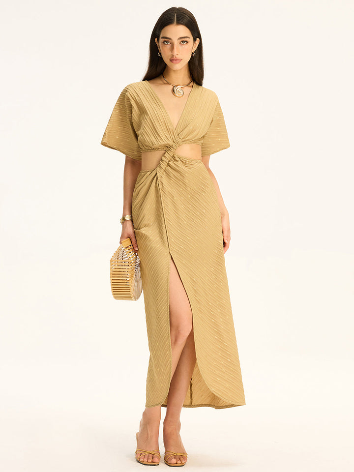 Robe Maxi Slinky à Col Montant et Fente Détourée