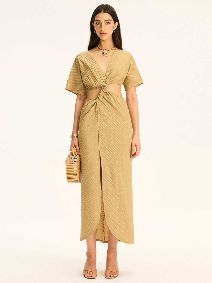 Robe Maxi Slinky à Col Montant et Fente Détourée