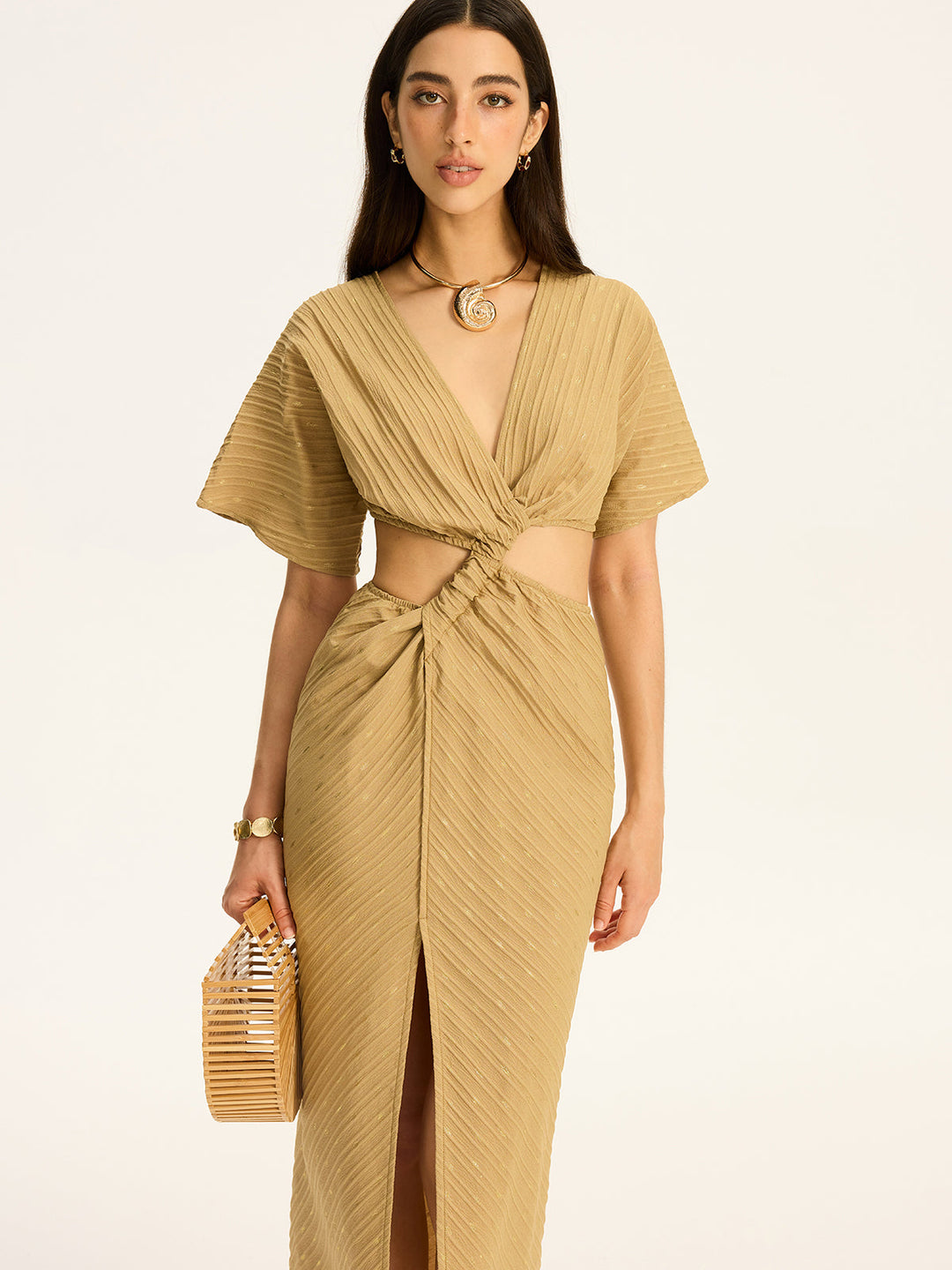 Robe Maxi Slinky à Col Montant et Fente Détourée