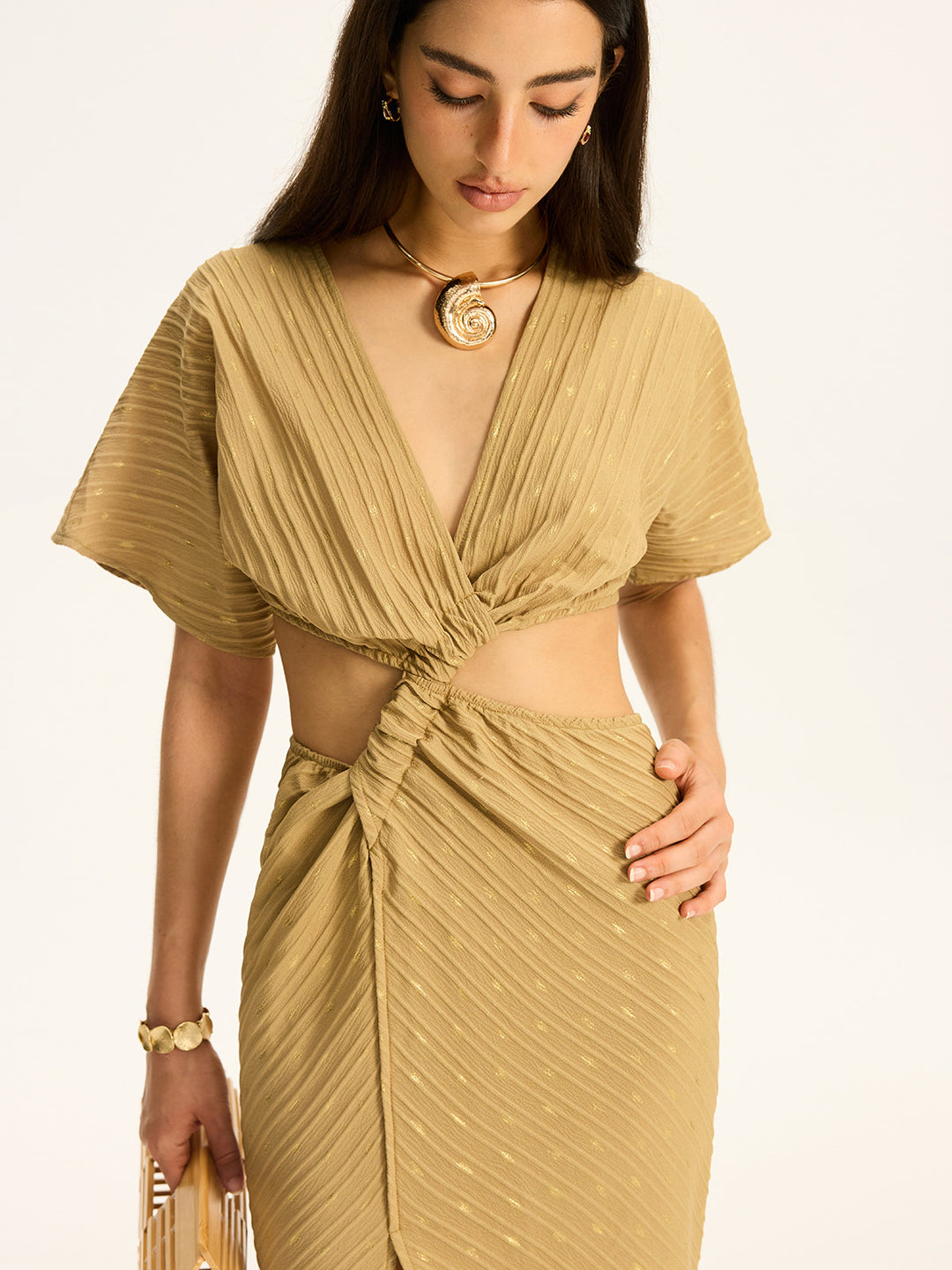 Robe Maxi Slinky à Col Montant et Fente Détourée