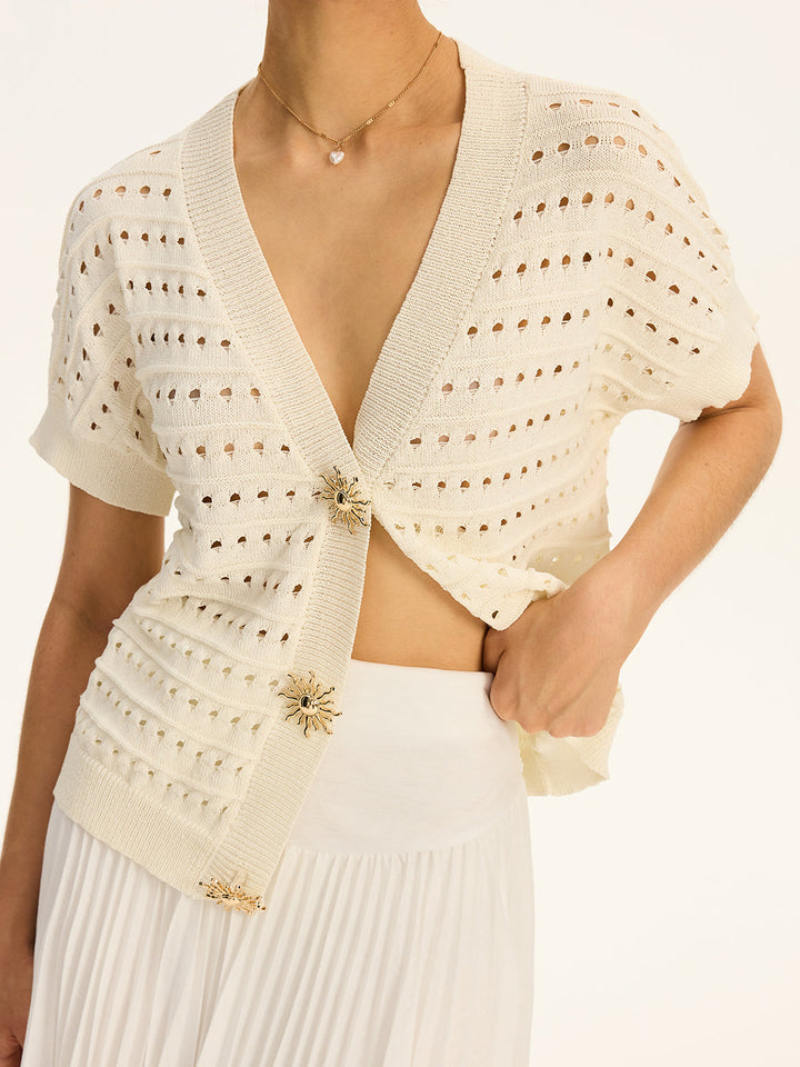 Cardigan à col en V en tricot œillet avec bouton en métal