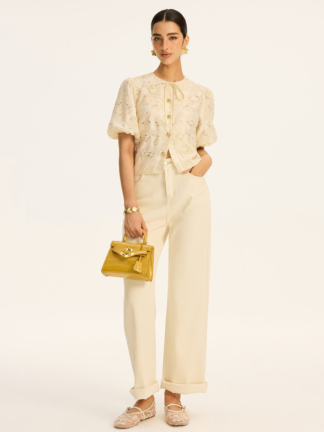 Haut en coton mélangé jacquard semi-transparent avec bouton métallique