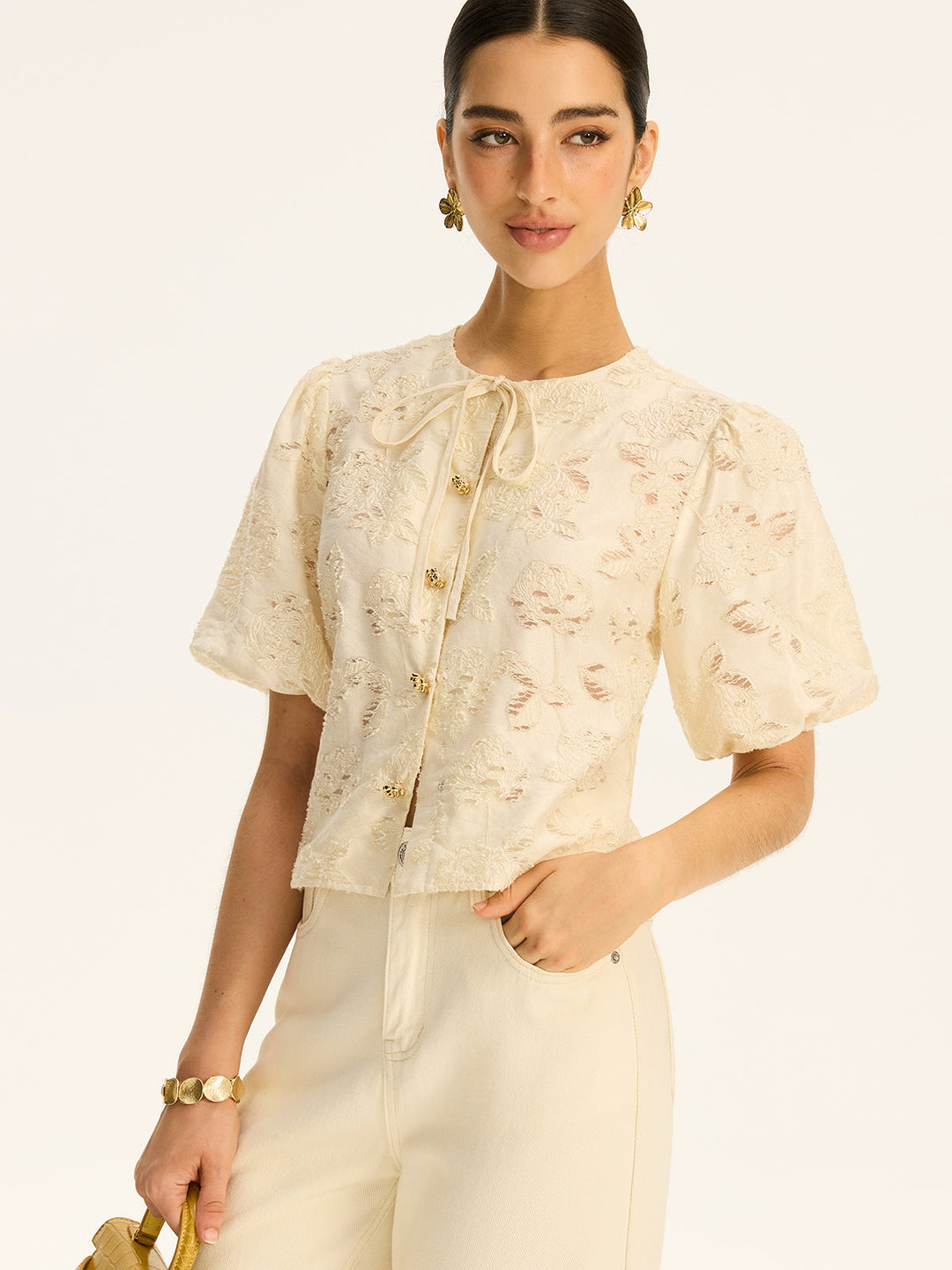 Haut en coton mélangé jacquard semi-transparent avec bouton métallique