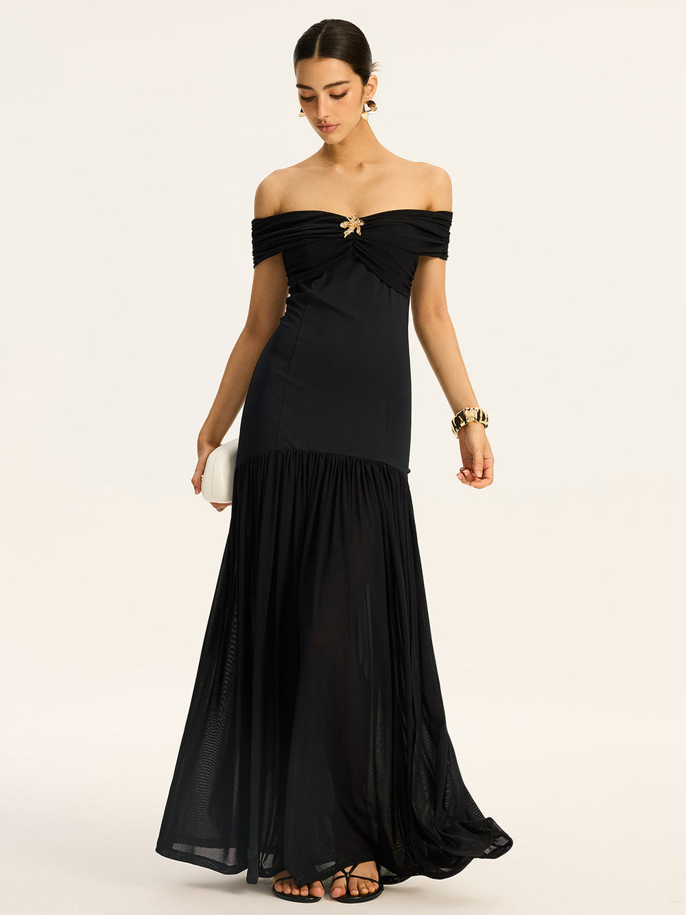 Robe Longue Mi-Transparente Volantsée Style Col--Épaule avec Motif Mesh