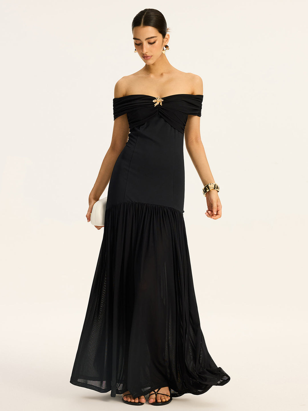 Robe Longue Mi-Transparente Volantsée Style Col--Épaule avec Motif Mesh
