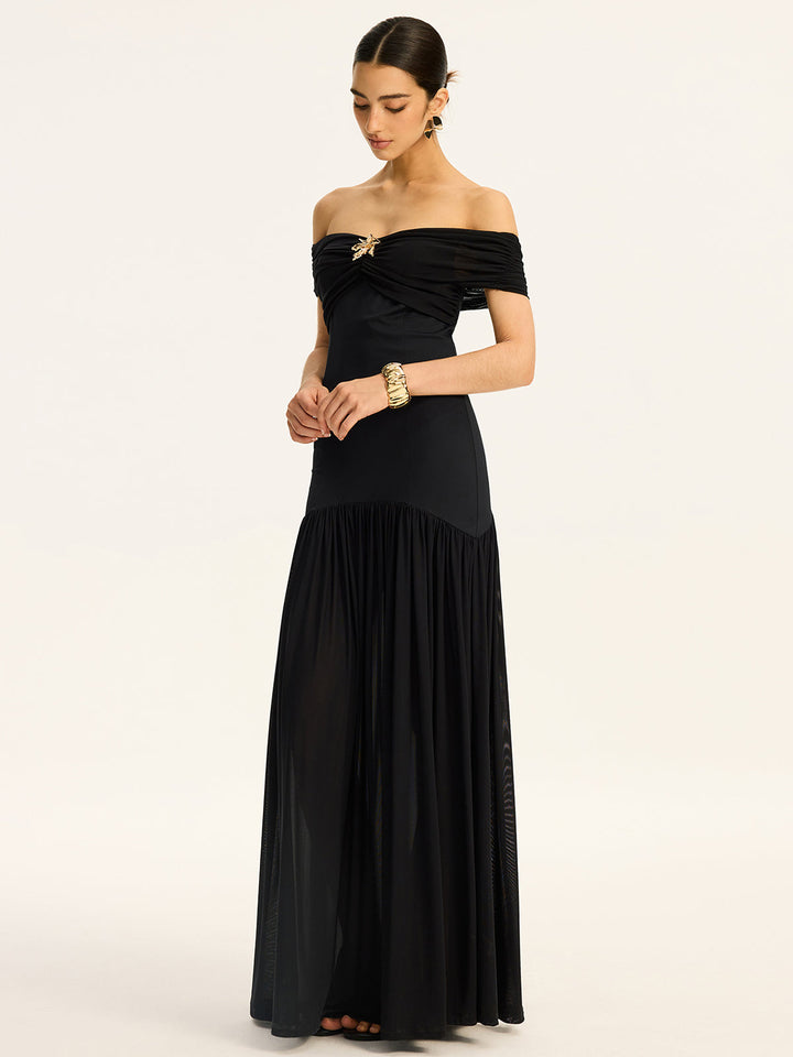 Robe Longue Mi-Transparente Volantsée Style Col--Épaule avec Motif Mesh