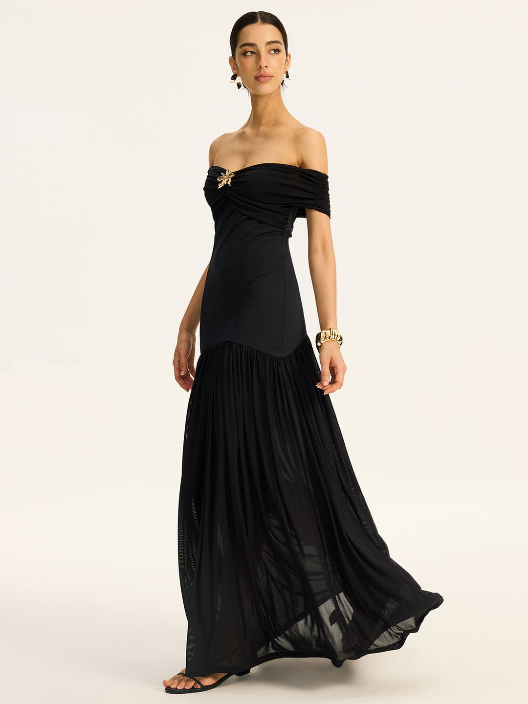 Robe Longue Mi-Transparente Volantsée Style Col--Épaule avec Motif Mesh