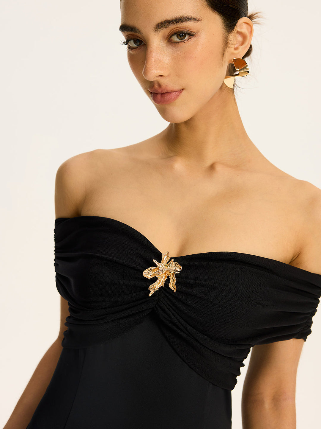 Robe Longue Mi-Transparente Volantsée Style Col--Épaule avec Motif Mesh