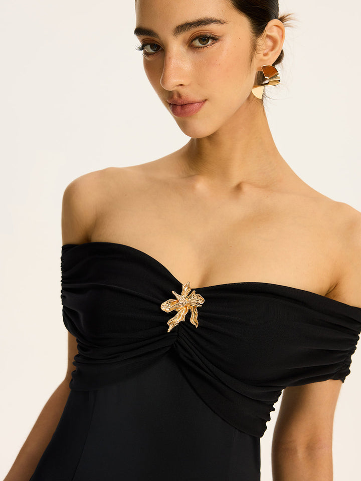 Robe Longue Mi-Transparente Volantsée Style Col--Épaule avec Motif Mesh