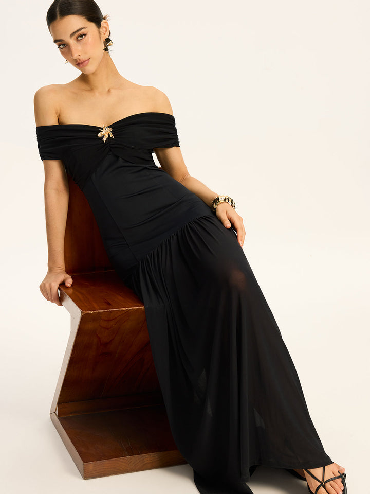 Robe Longue Mi-Transparente Volantsée Style Col--Épaule avec Motif Mesh