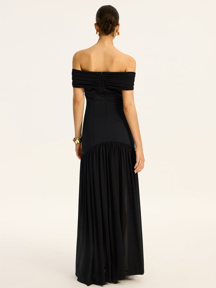 Robe Longue Mi-Transparente Volantsée Style Col--Épaule avec Motif Mesh