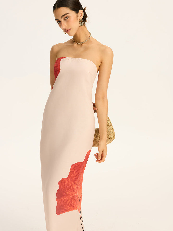 Robe Longue Sans Bretelles Imprimée avec Nœud Arrière et Fente