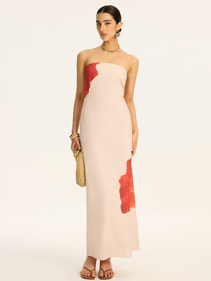 Robe Longue Sans Bretelles Imprimée avec Nœud Arrière et Fente
