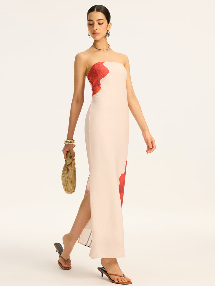Robe Longue Sans Bretelles Imprimée avec Nœud Arrière et Fente