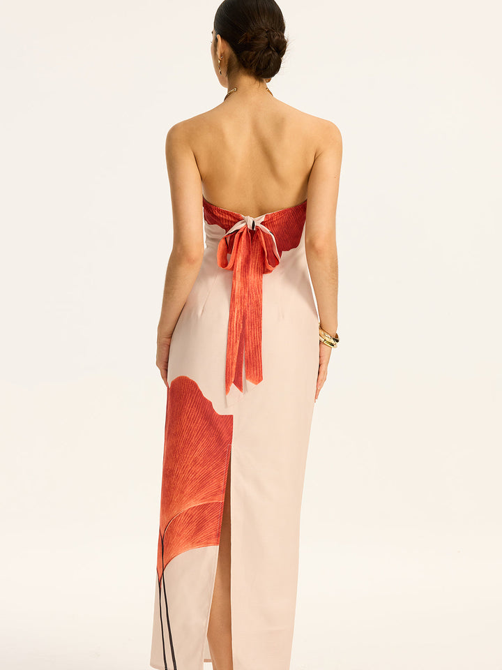 Robe Longue Sans Bretelles Imprimée avec Nœud Arrière et Fente