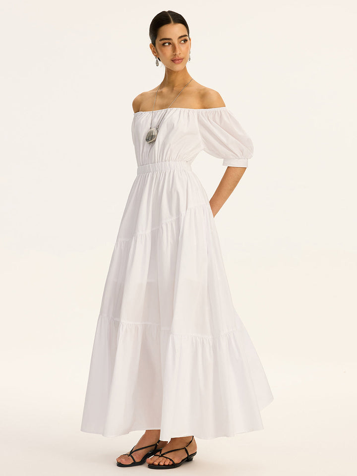 Robe Maxi Cotonnière Blanche à Manches Courtes et Épaules Dénudées