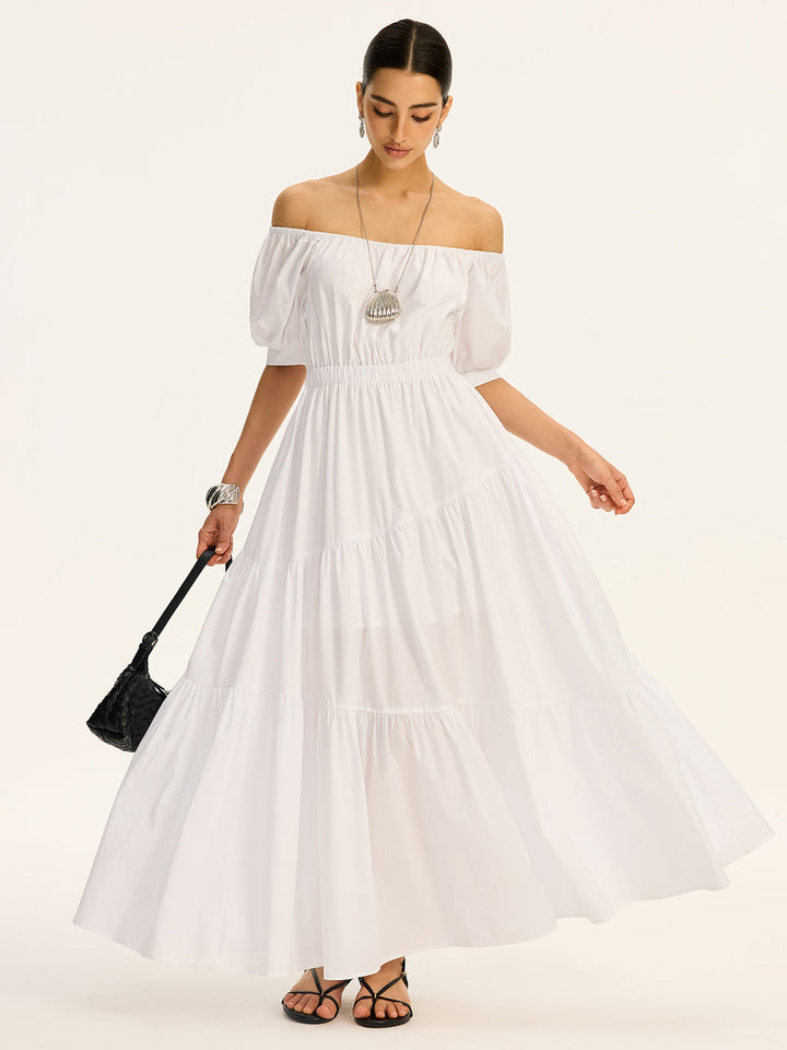 Robe Maxi Cotonnière Blanche à Manches Courtes et Épaules Dénudées