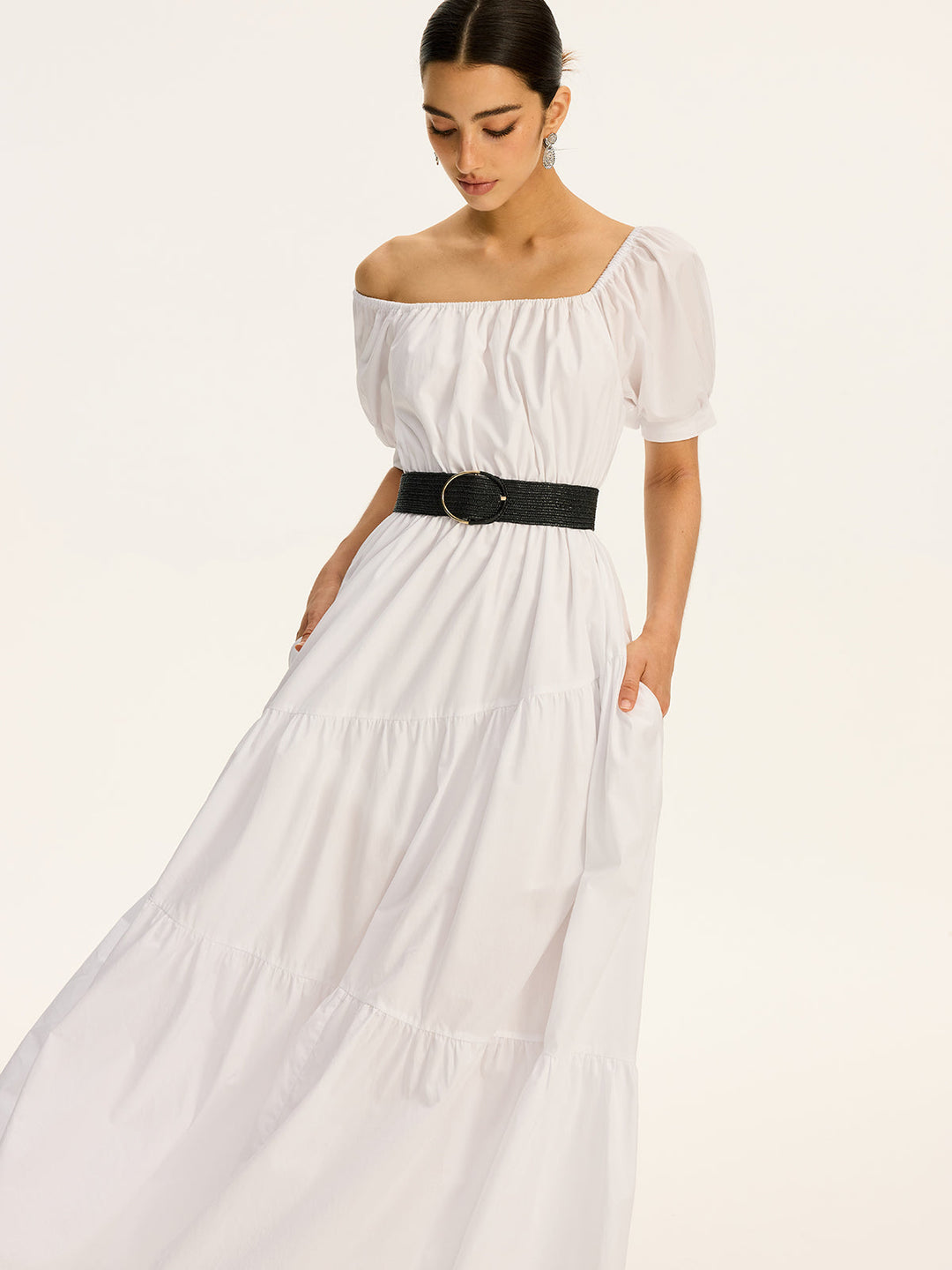 Robe Maxi Cotonnière Blanche à Manches Courtes et Épaules Dénudées