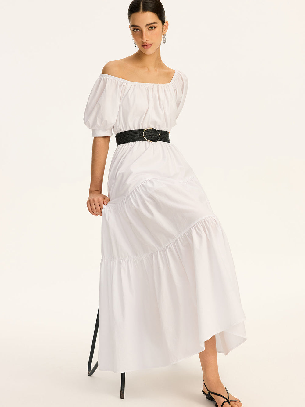 Robe Maxi Cotonnière Blanche à Manches Courtes et Épaules Dénudées