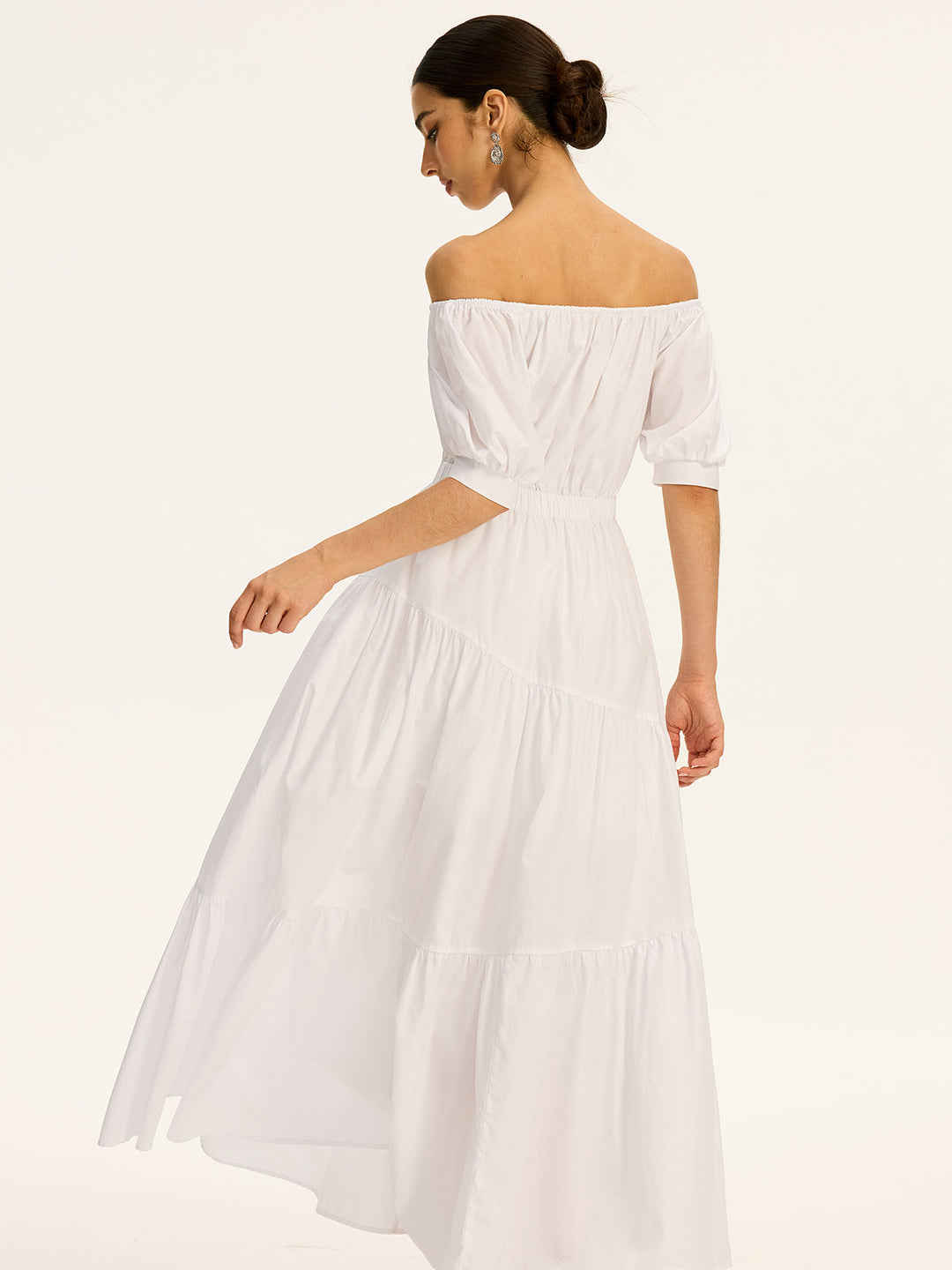 Robe Maxi Cotonnière Blanche à Manches Courtes et Épaules Dénudées
