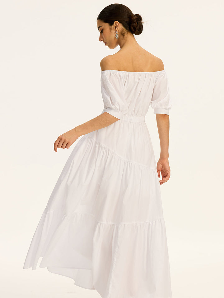Robe Maxi Cotonnière Blanche à Manches Courtes et Épaules Dénudées