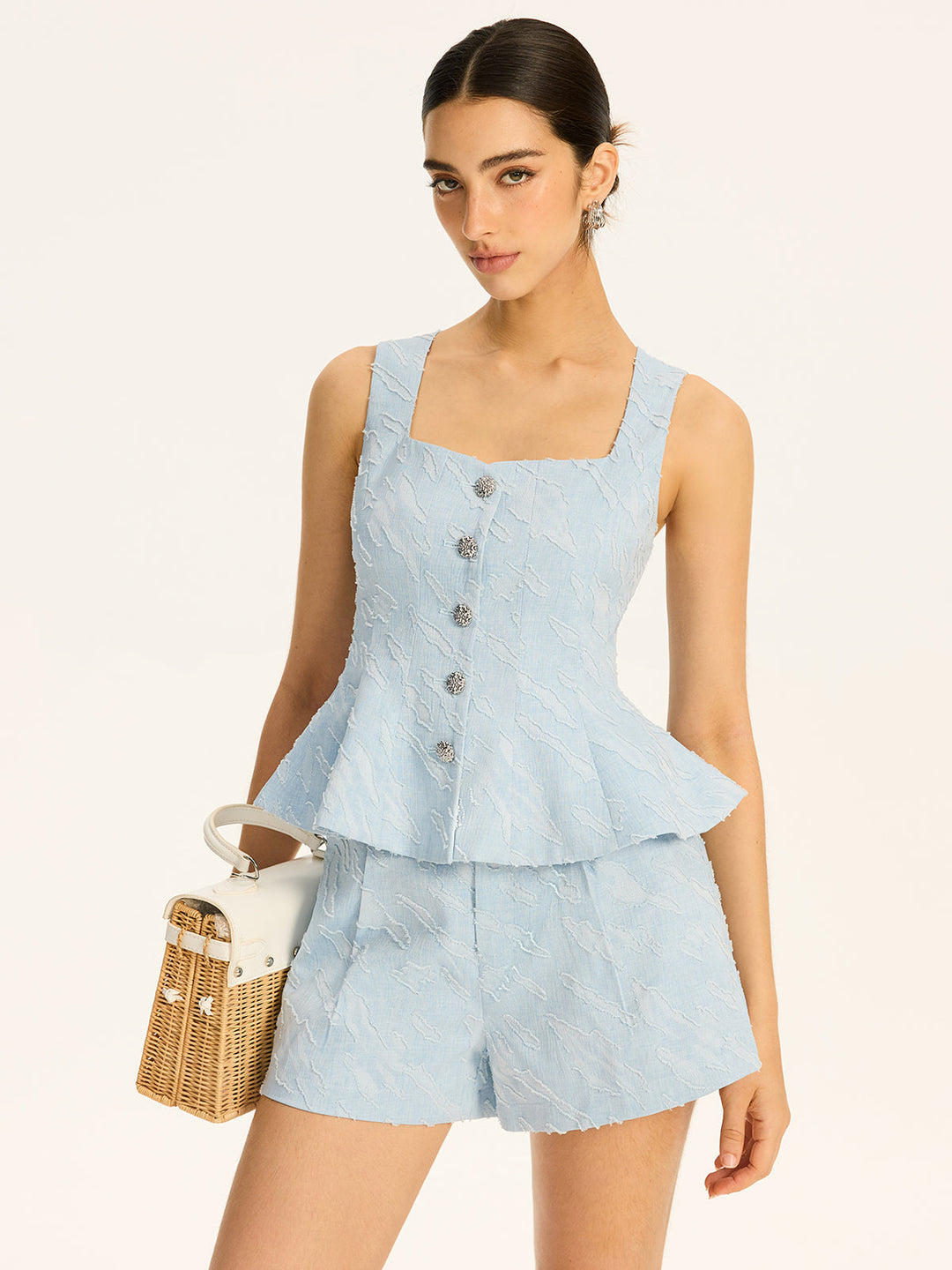 Gilet Peplum en Métal à Boutons en Tissu Texturé