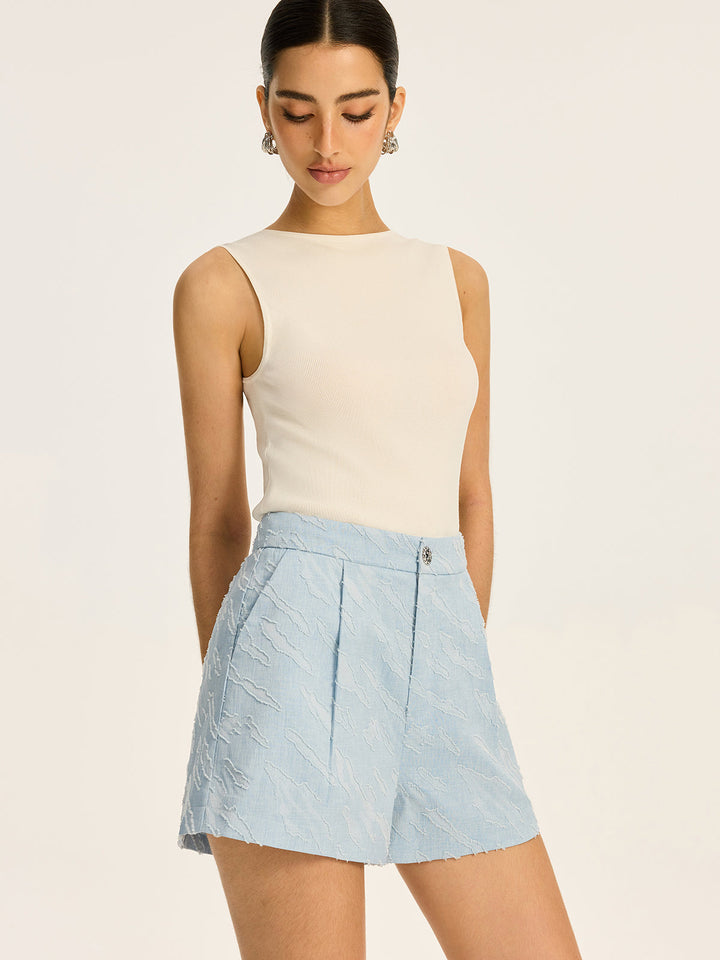 Short en jean à taille mi-haute avec bouton en métal et tissu texturé