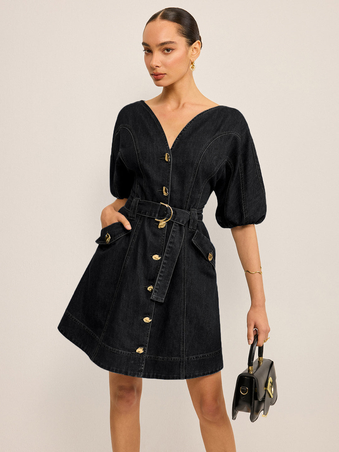Robe Patte de boutonnage en jean avec ceinture