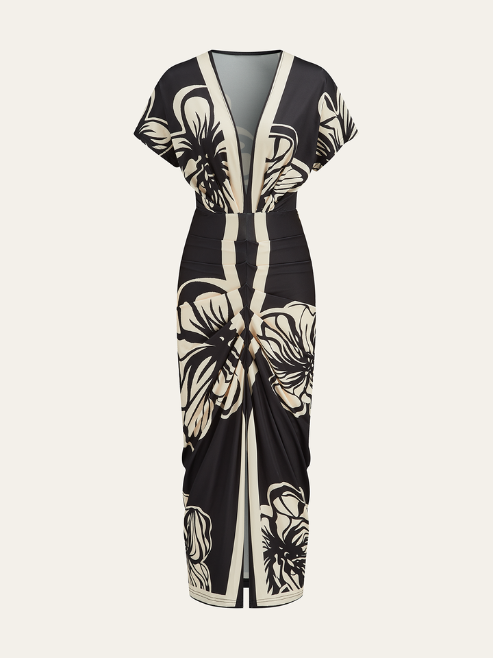 Robe Mi-longue à Col V Profond et Ruches Imprimé Floral