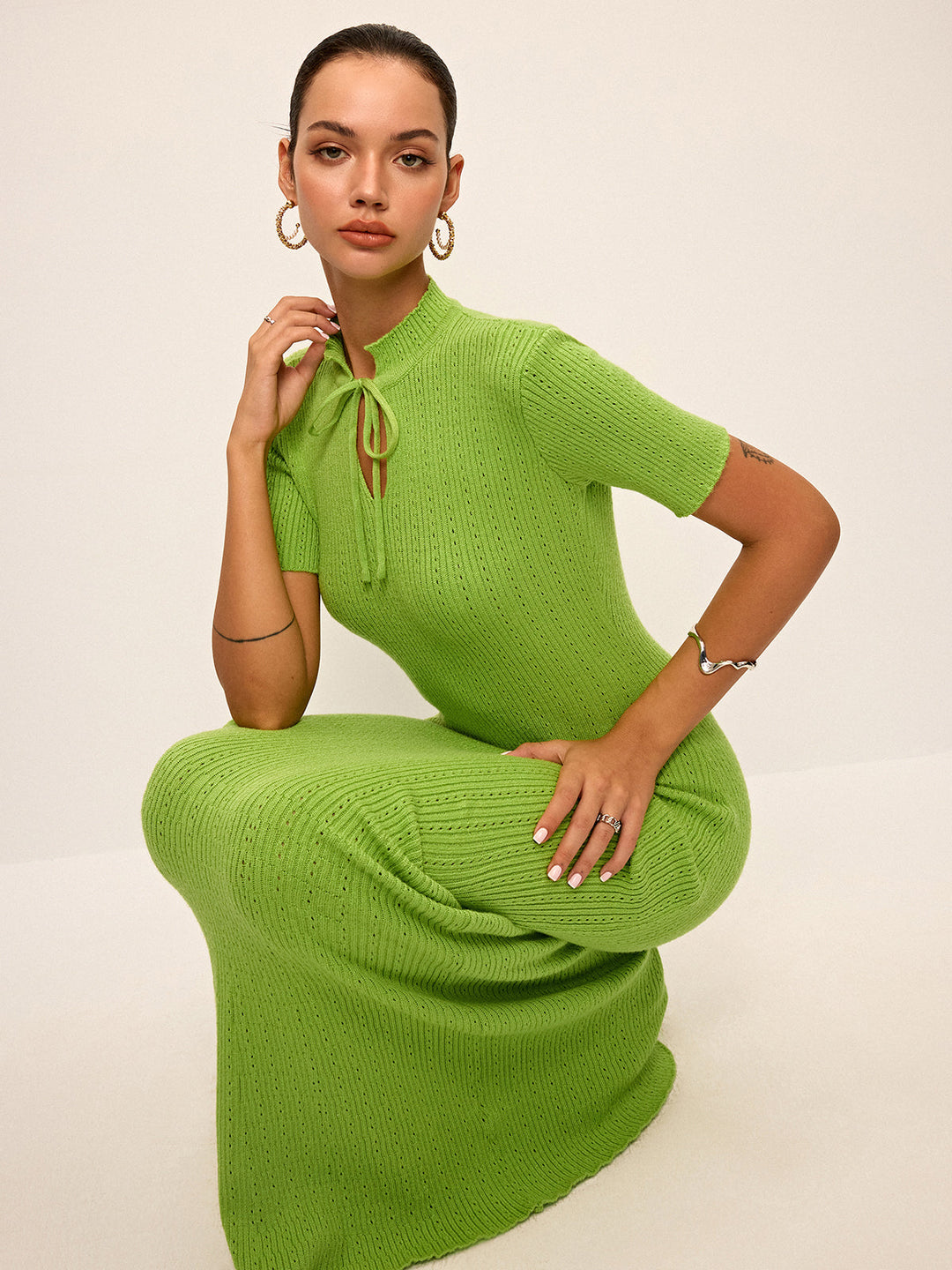Robe Longue en Maille à Col Cravate