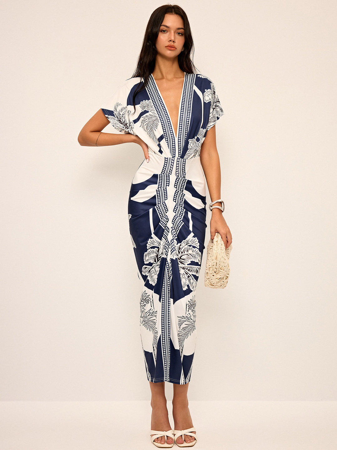 Robe Mi-Longue Imprimée à Col V Sans Ceinture