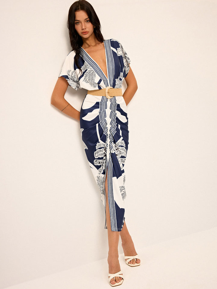 Robe Mi-Longue Imprimée à Col V Sans Ceinture