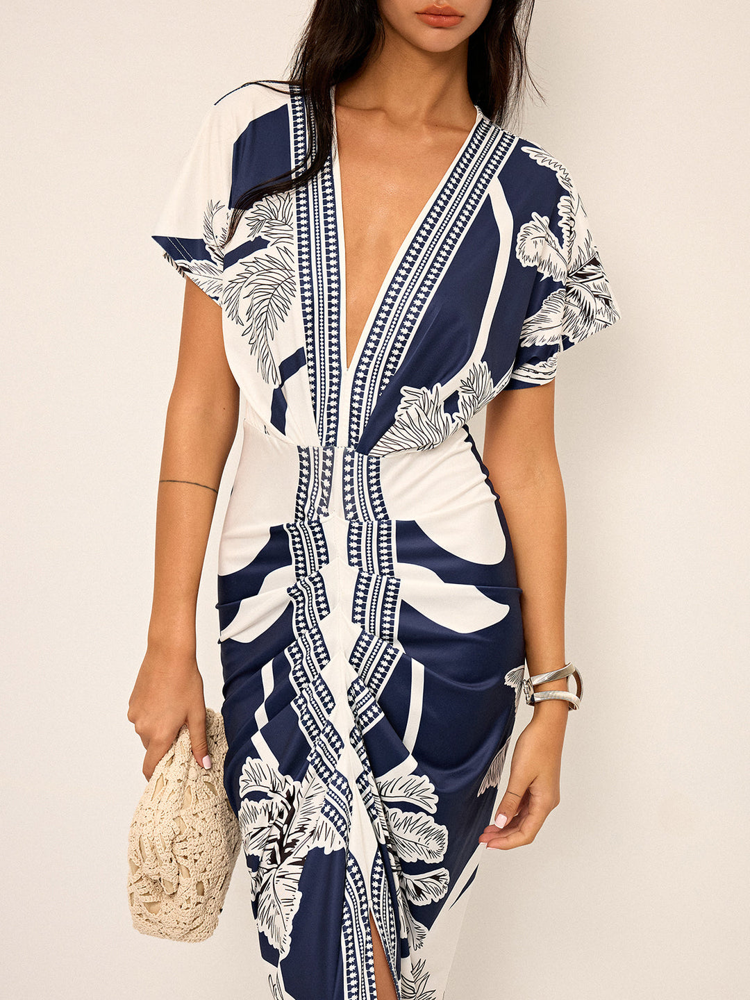 Robe Mi-Longue Imprimée à Col V Sans Ceinture