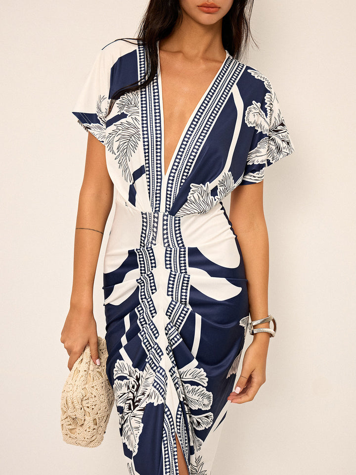 Robe Mi-Longue Imprimée à Col V Sans Ceinture