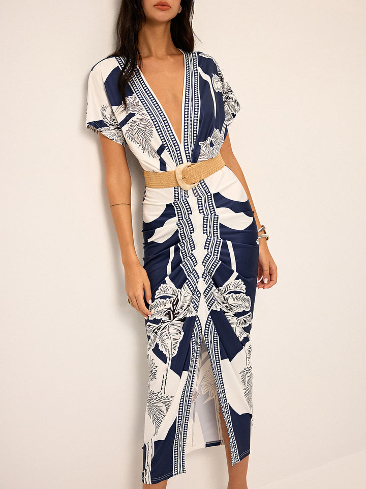 Robe Mi-Longue Imprimée à Col V Sans Ceinture