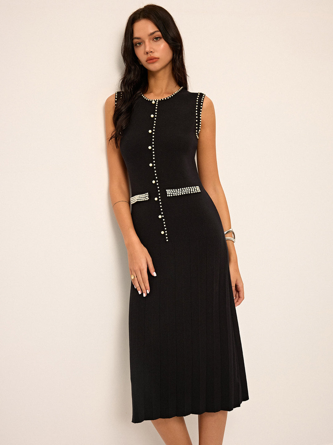 Robe Mi-Longue Tricotée Sans Manches Détail Perles