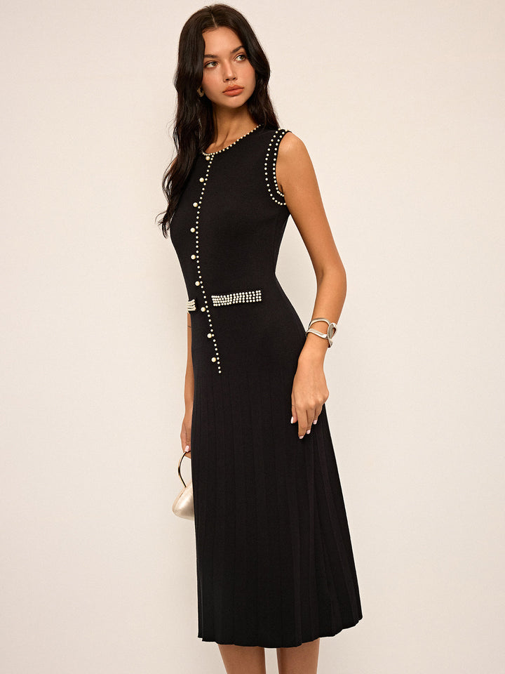 Robe Mi-Longue Tricotée Sans Manches Détail Perles