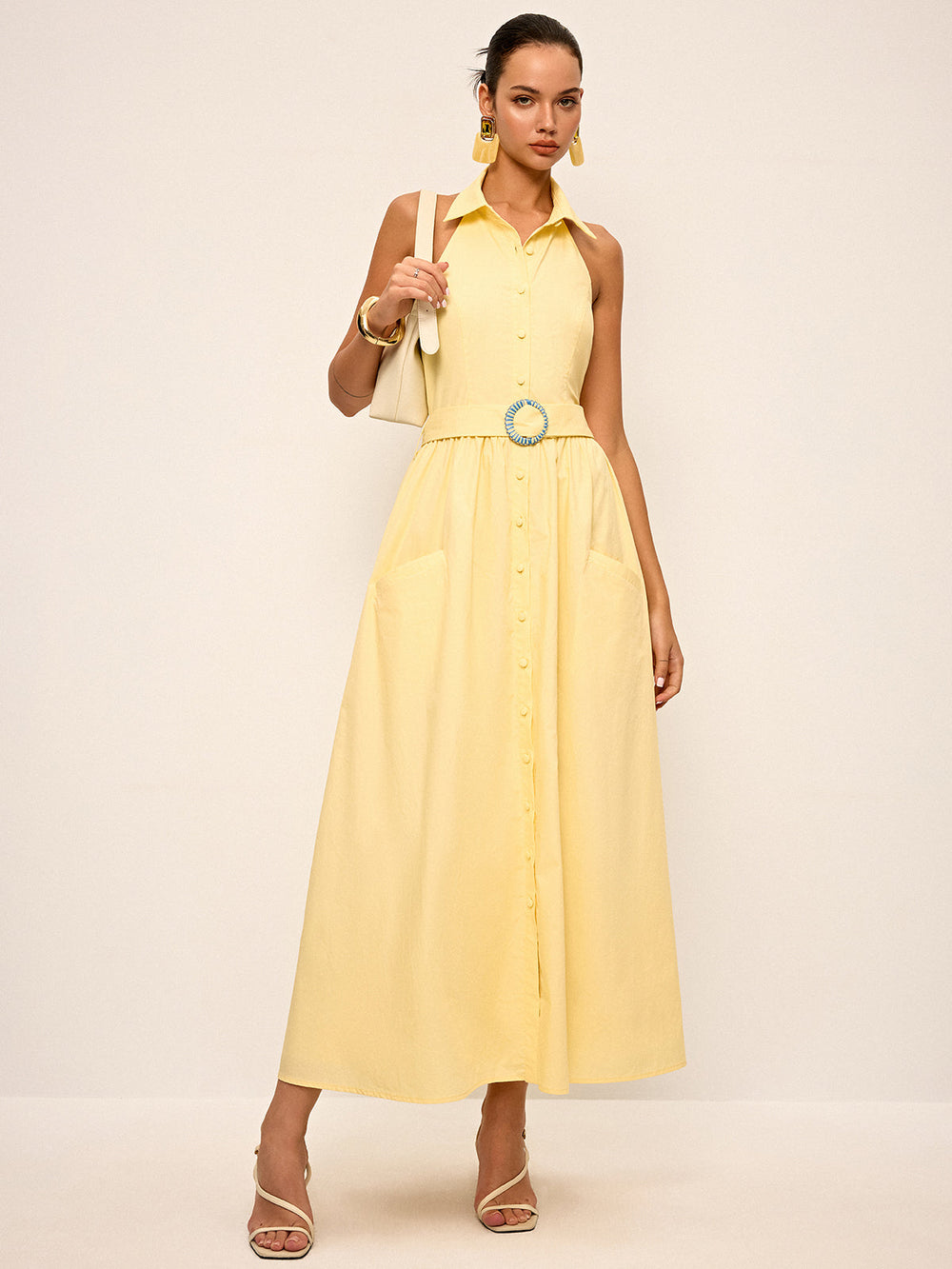 Robe Chemise Sans Manches à Col Polo avec Ceinture