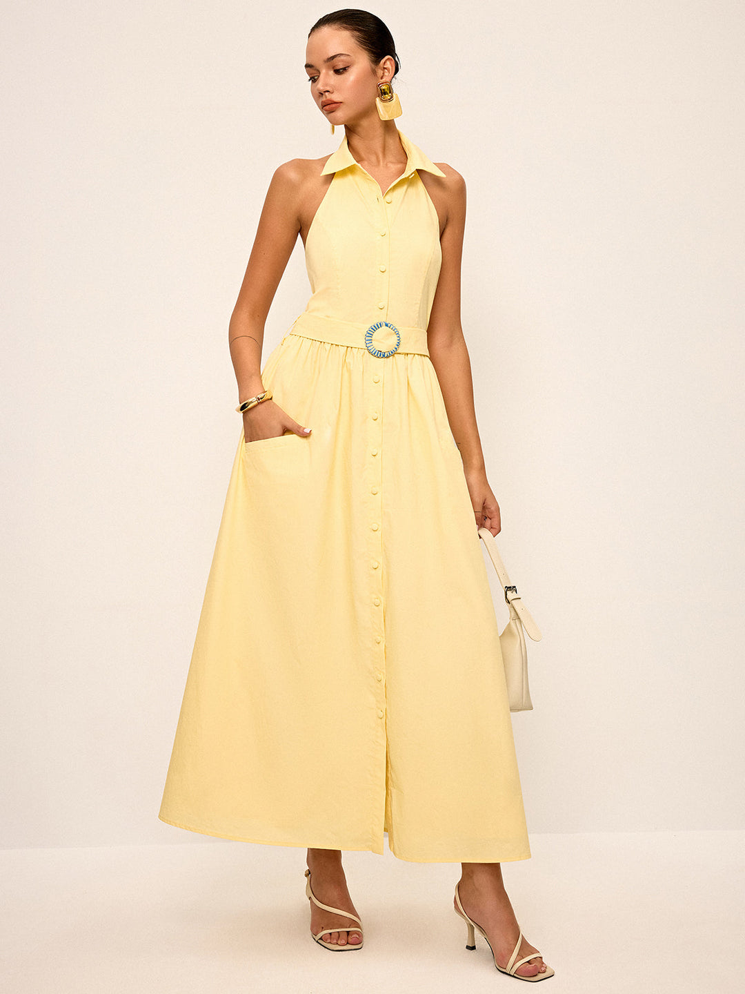 Robe Chemise Sans Manches à Col Polo avec Ceinture