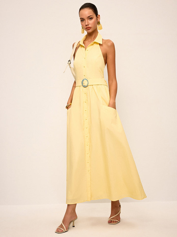 Robe Chemise Sans Manches à Col Polo avec Ceinture
